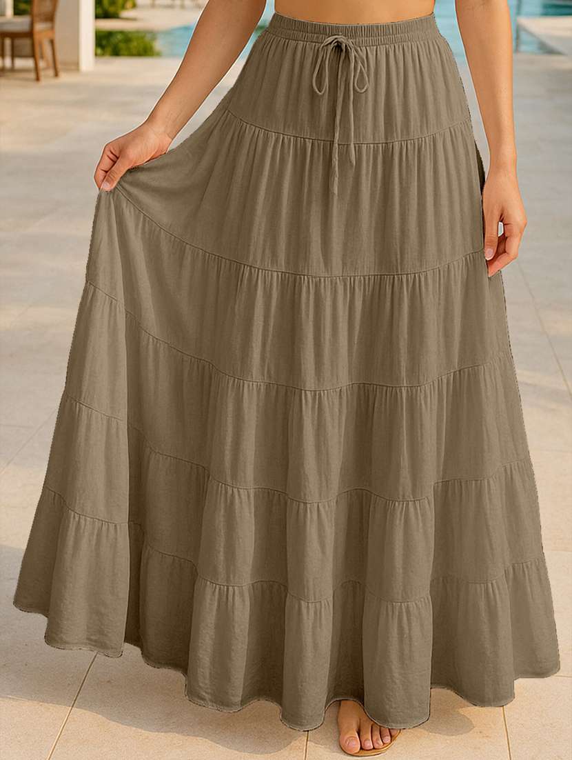 women solid high rise maxi tiered skirt