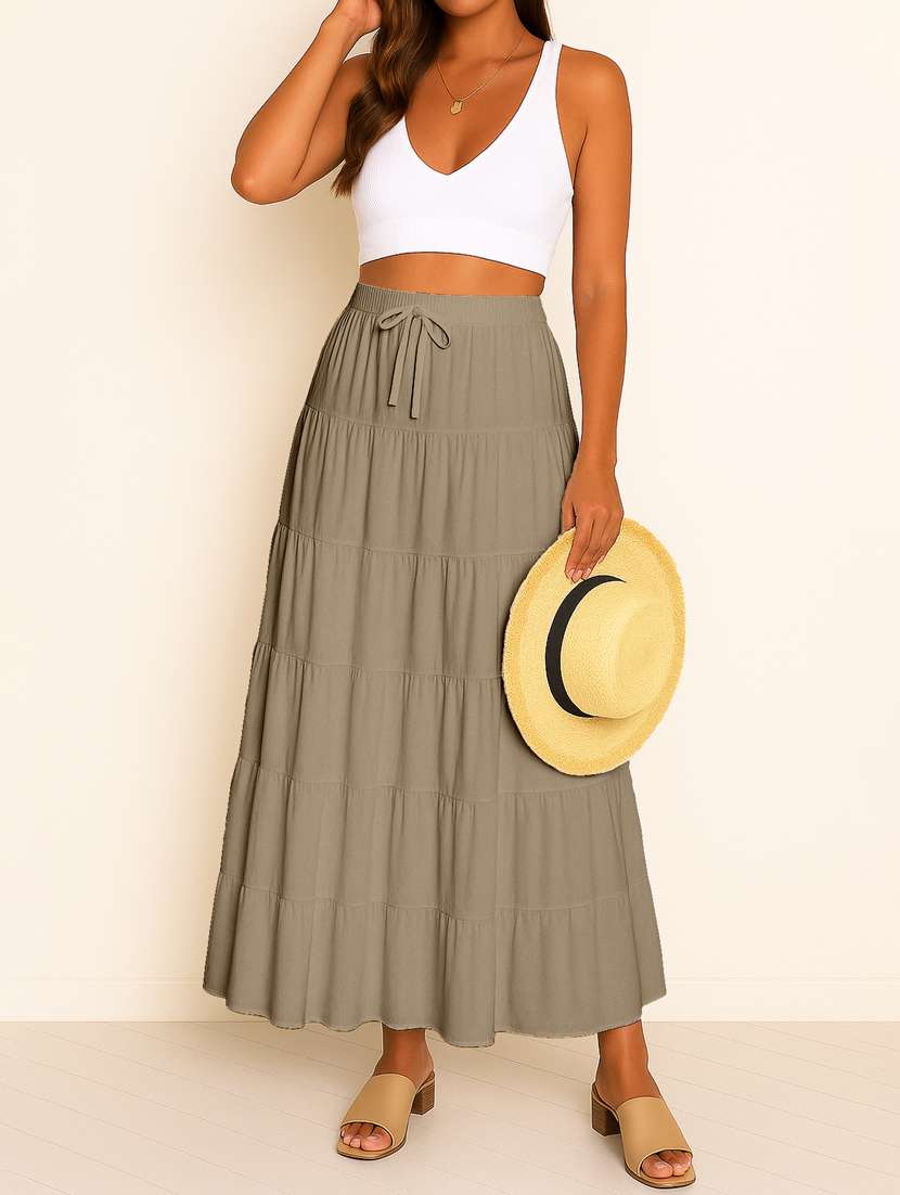 women solid high rise maxi tiered skirt - 22006304 -  Standard Image - 3