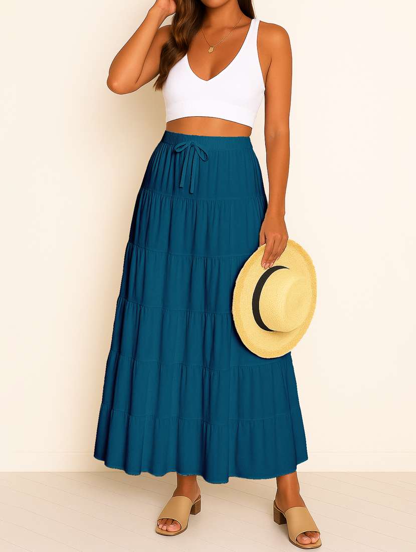 women solid high rise maxi tiered skirt - 22006305 -  Standard Image - 3
