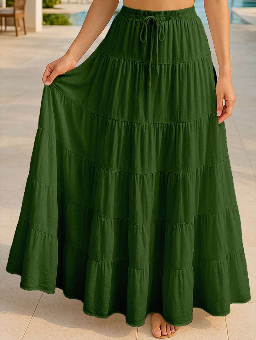 women solid high rise maxi tiered skirt
