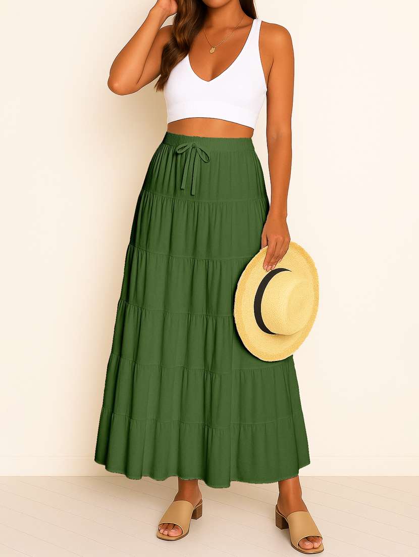 women solid high rise maxi tiered skirt - 22006307 -  Standard Image - 3