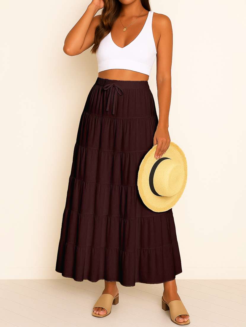women solid high rise maxi tiered skirt - 22006308 -  Standard Image - 3
