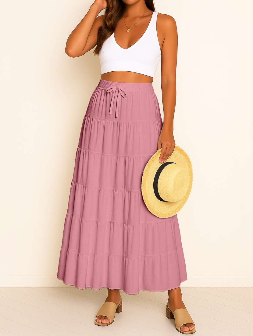 women solid high rise maxi tiered skirt - 22006309 -  Standard Image - 3