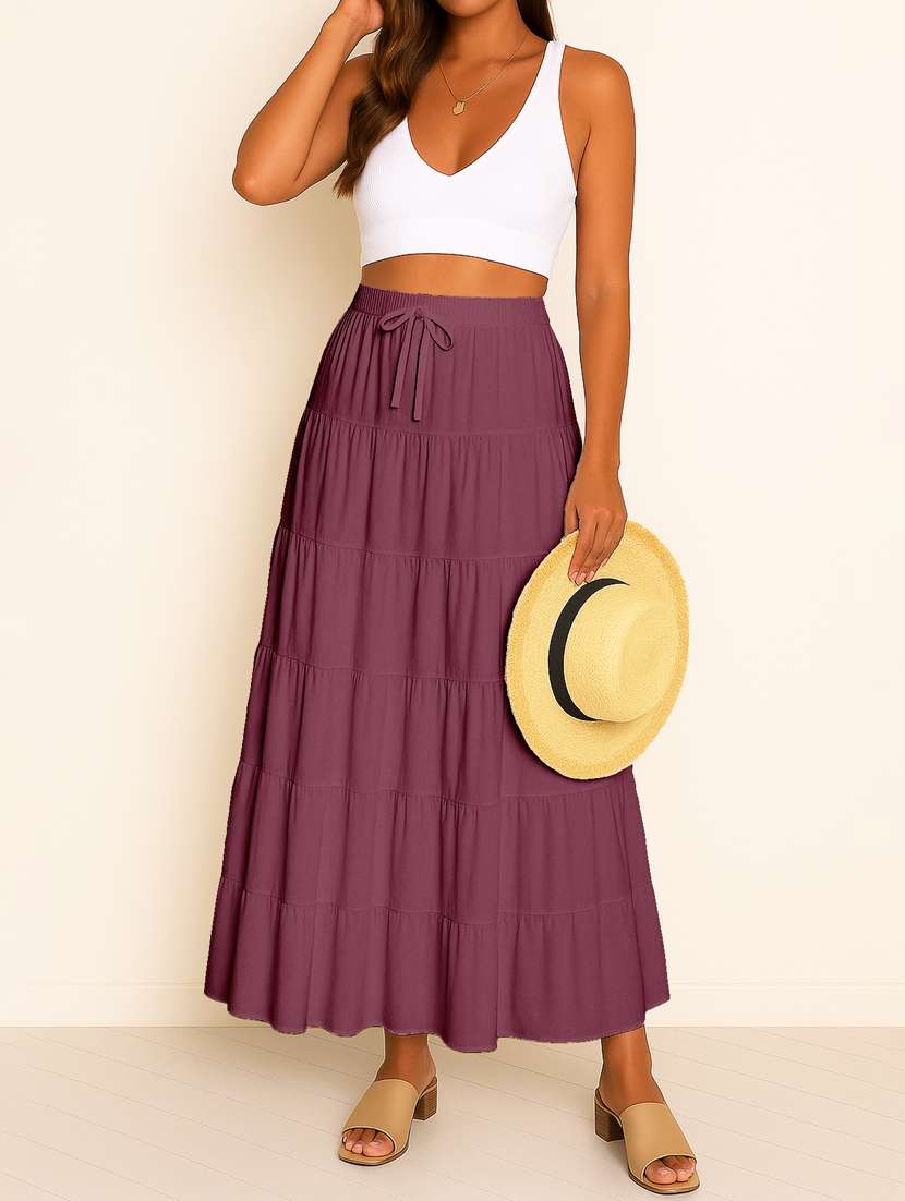 women solid high rise maxi tiered skirt - 22006311 -  Standard Image - 3