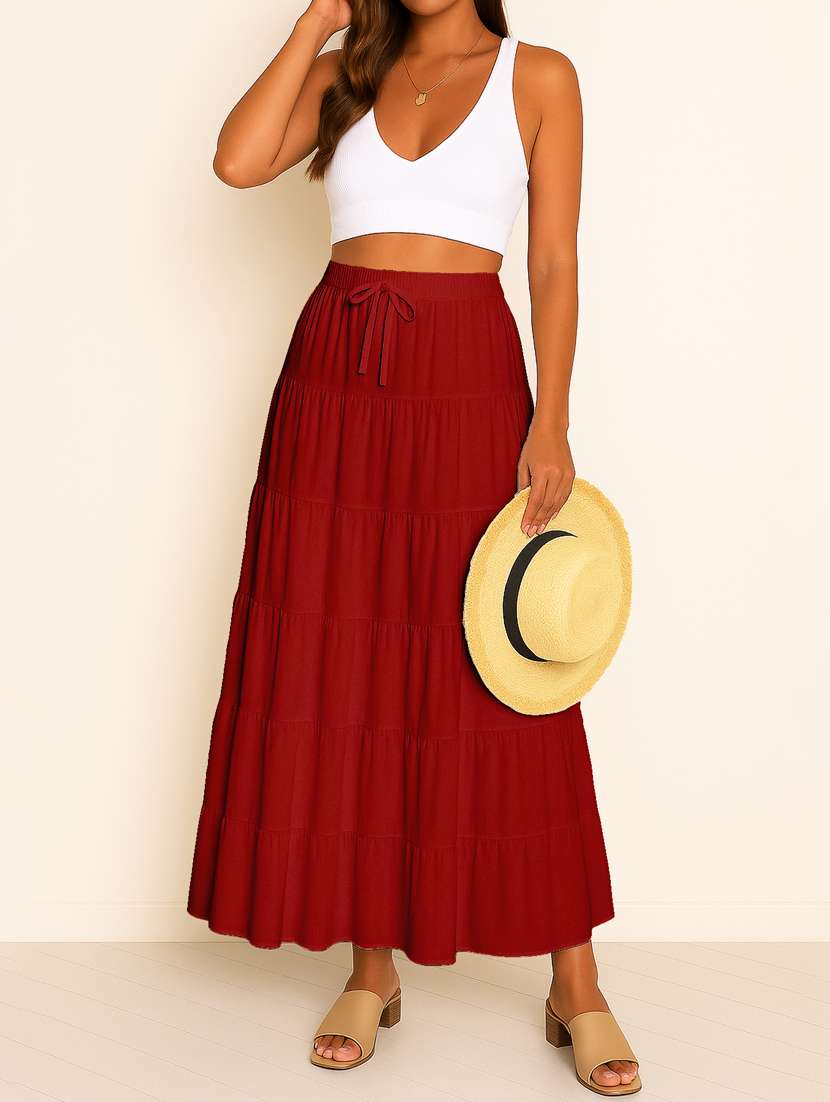 women solid high rise maxi tiered skirt - 22006313 -  Standard Image - 3