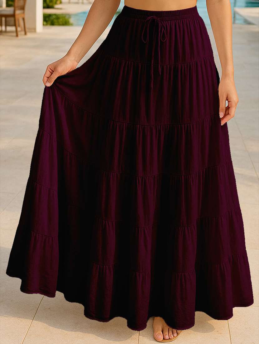 women solid high rise maxi tiered skirt