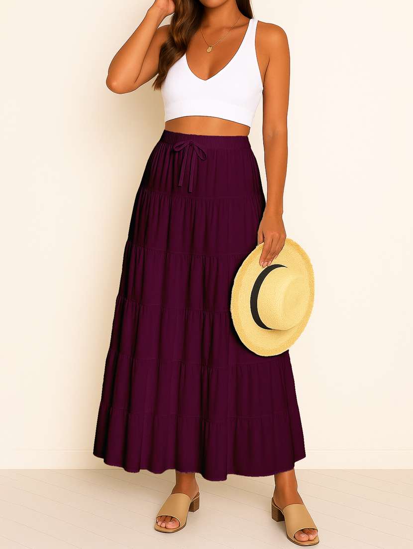 women solid high rise maxi tiered skirt - 22006314 -  Standard Image - 3