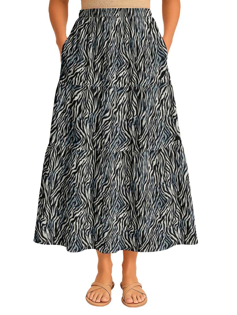 women animal print high rise maxi tiered skirt