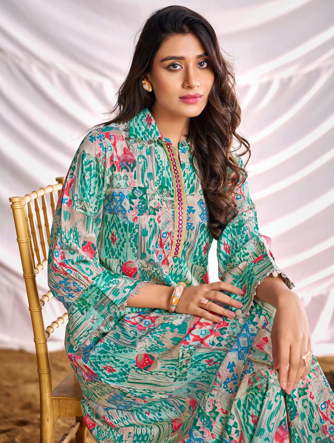 women printed long sleeve kurta pant set - 22006363 -  Standard Image - 3