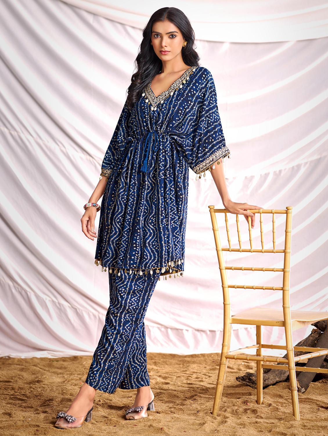women bandhani printed kimono sleeve kaftan kurta pant set - 22006365 - Zoom Image - 0