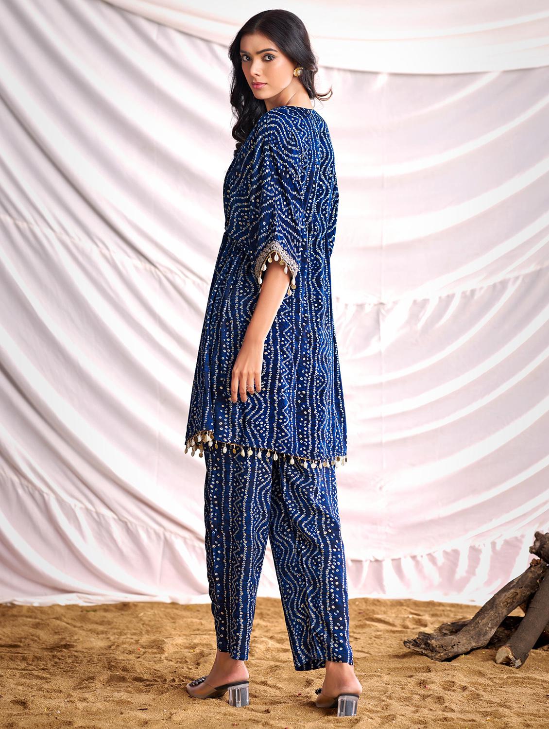 women bandhani printed kimono sleeve kaftan kurta pant set - 22006365 - Standard Image - 3