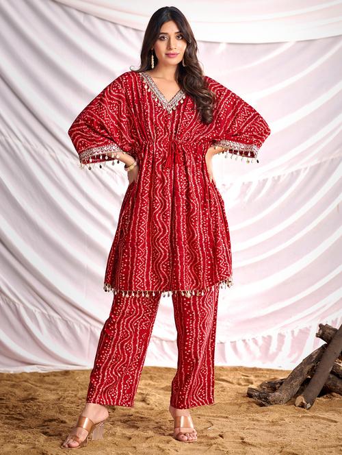 women bandhani printed kimono sleeve kaftan kurta pant set - 22006366 -  Standard Image - 0