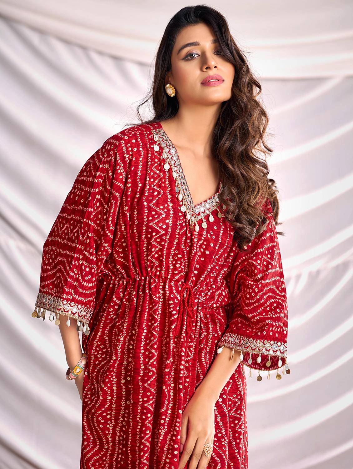 women bandhani printed kimono sleeve kaftan kurta pant set - 22006366 - Standard Image - 3