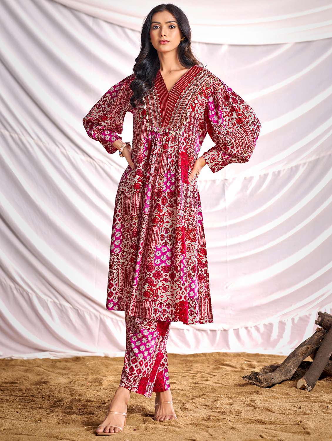 women printed long sleeve kurta pant set - 22006369 -  Zoom Image - 0