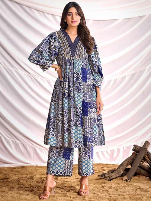 women printed long sleeve kurta pant set - 22006370 -  Standard Image - 0