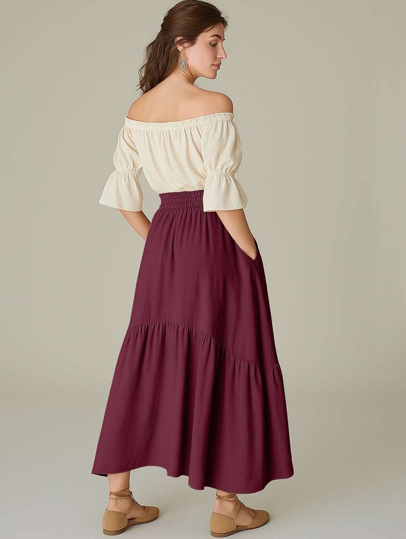 women solid high rise maxi tiered skirt - 22006395 -  Standard Image - 3