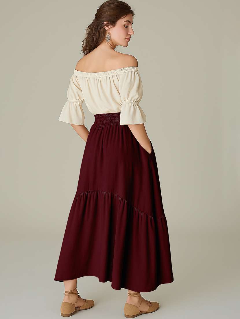 women solid high rise maxi tiered skirt - 22006396 -  Standard Image - 3