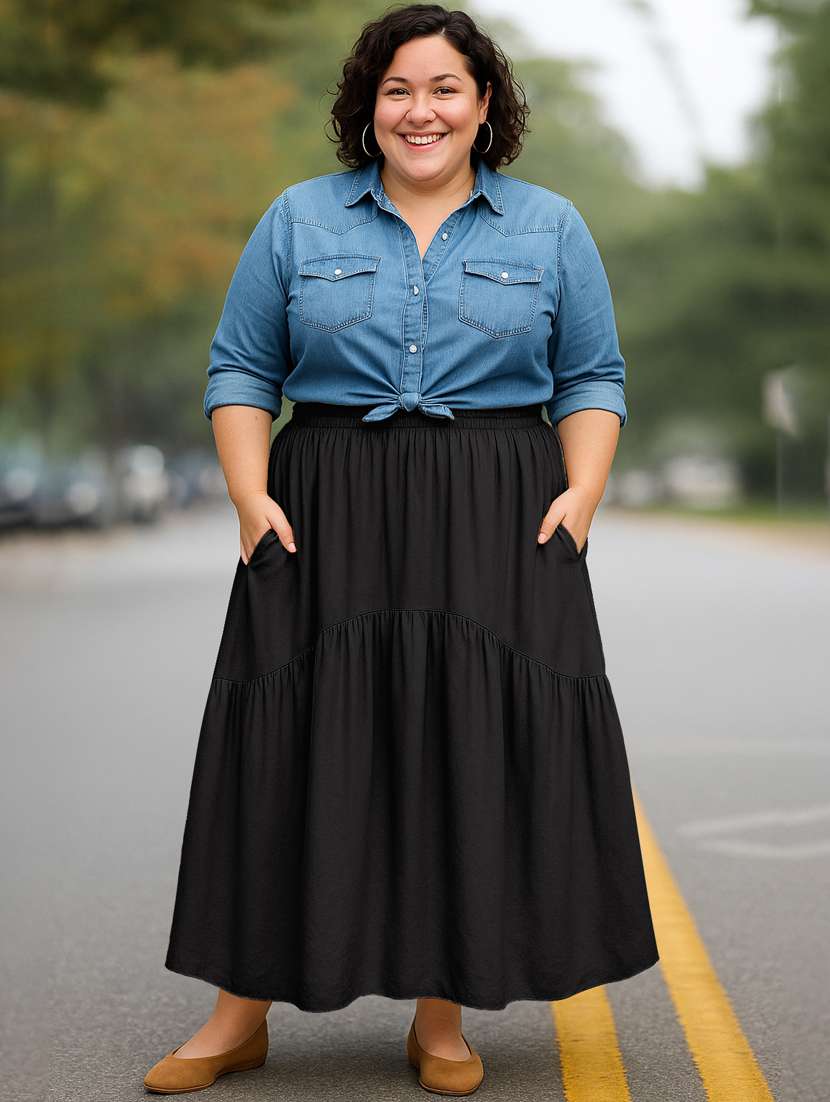 women solid high rise maxi tiered skirt - 22006400 - Standard Image - 3