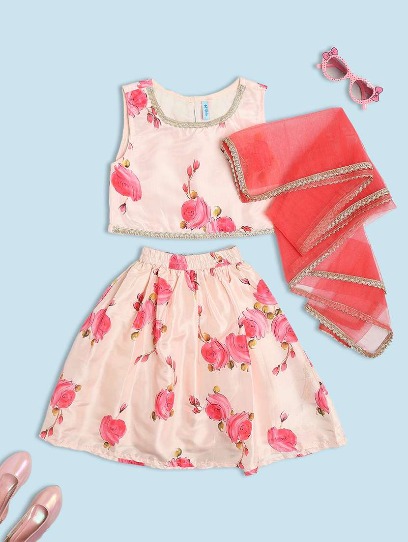 girls printed sleeveless lehenga choli set