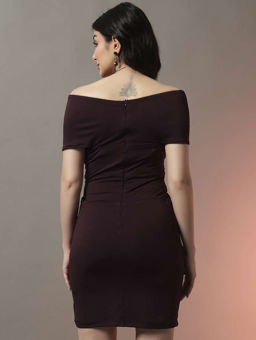 women solid off shoulder slim fit bodycon dress - 22006877 -  Standard Image - 3