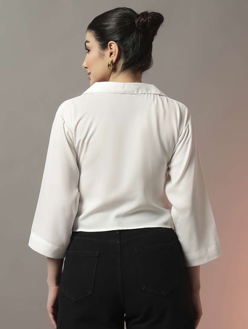 women solid three quarter sleeve tie up detail crop top - 22006890 - Standard Image - 3