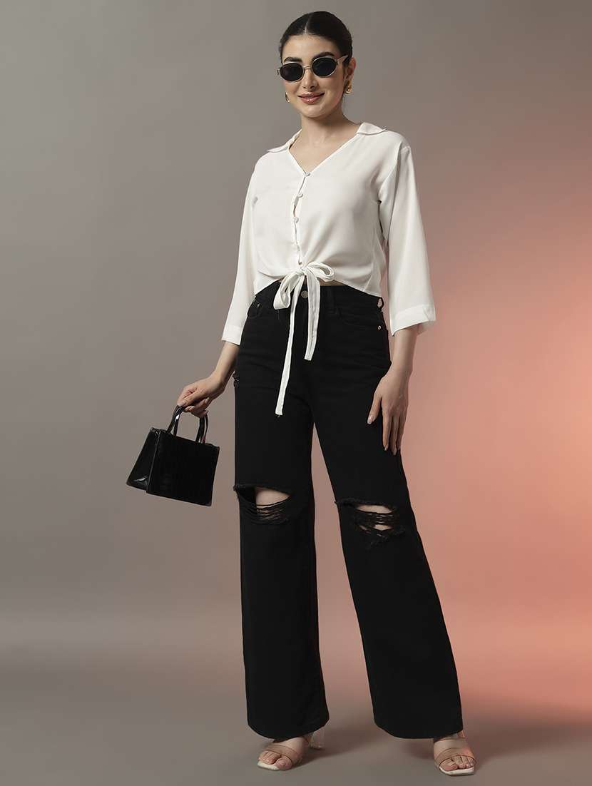 women solid three quarter sleeve tie up detail crop top - 22006890 - Standard Image - 5