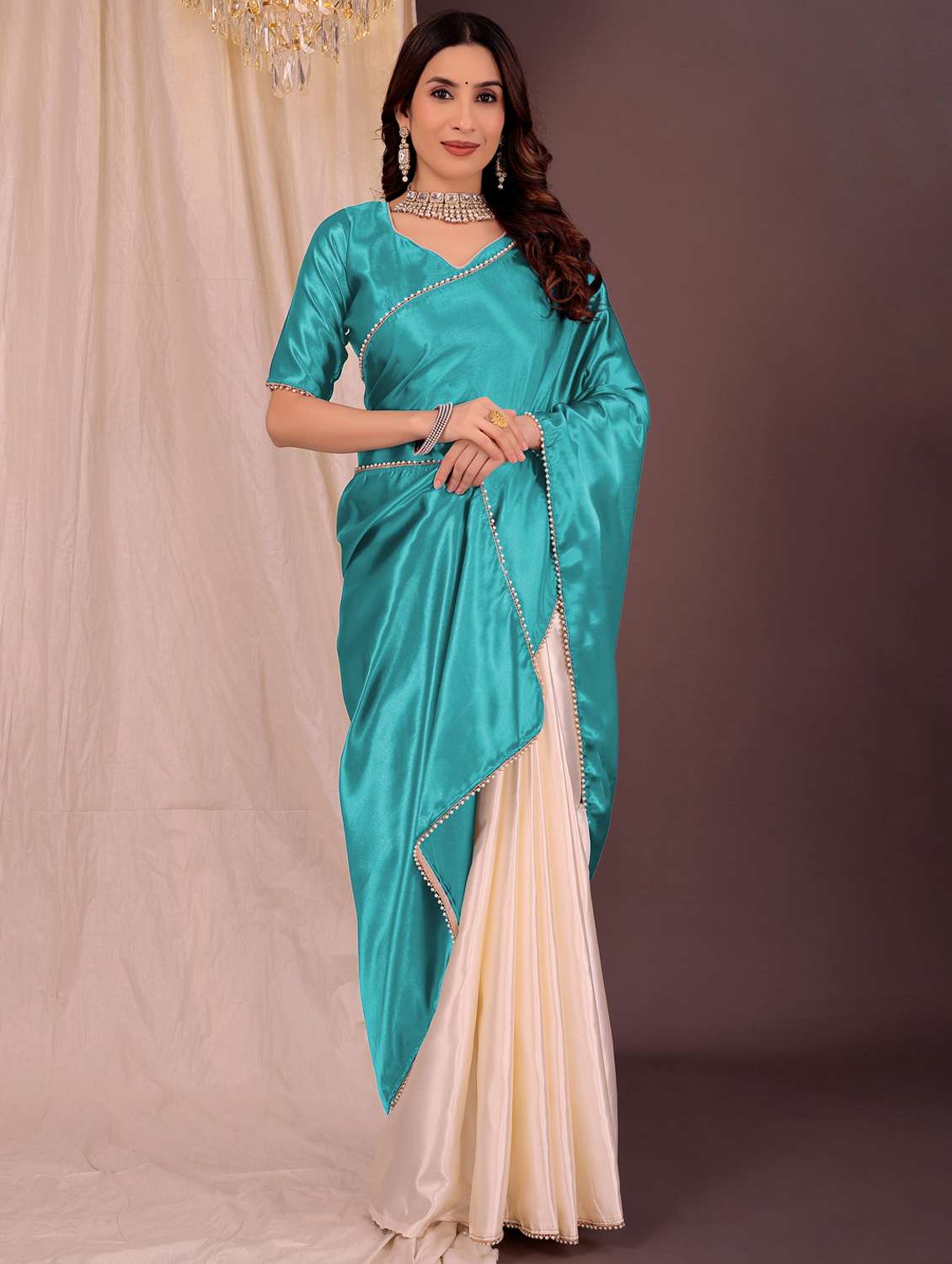 women solid half and half saree with blouse