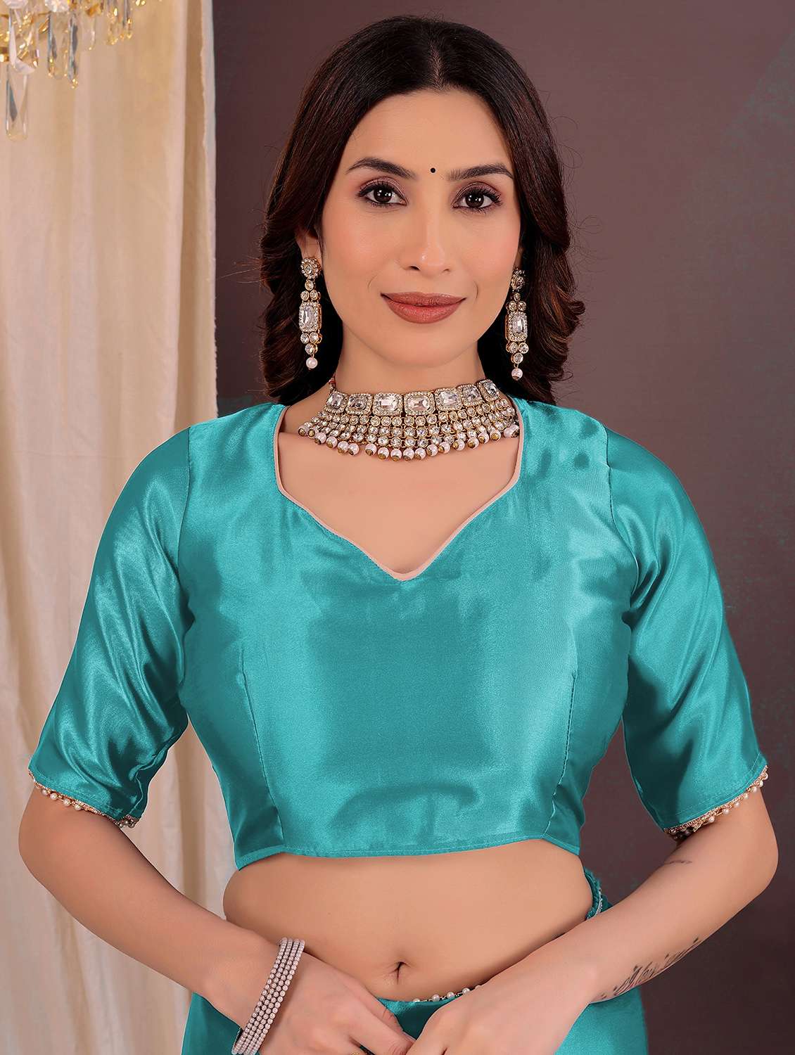 women solid half and half saree with blouse - 22006930 -  Standard Image - 3