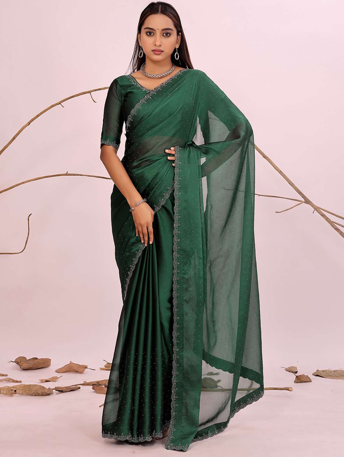 women solid with work embellished saree with blouse