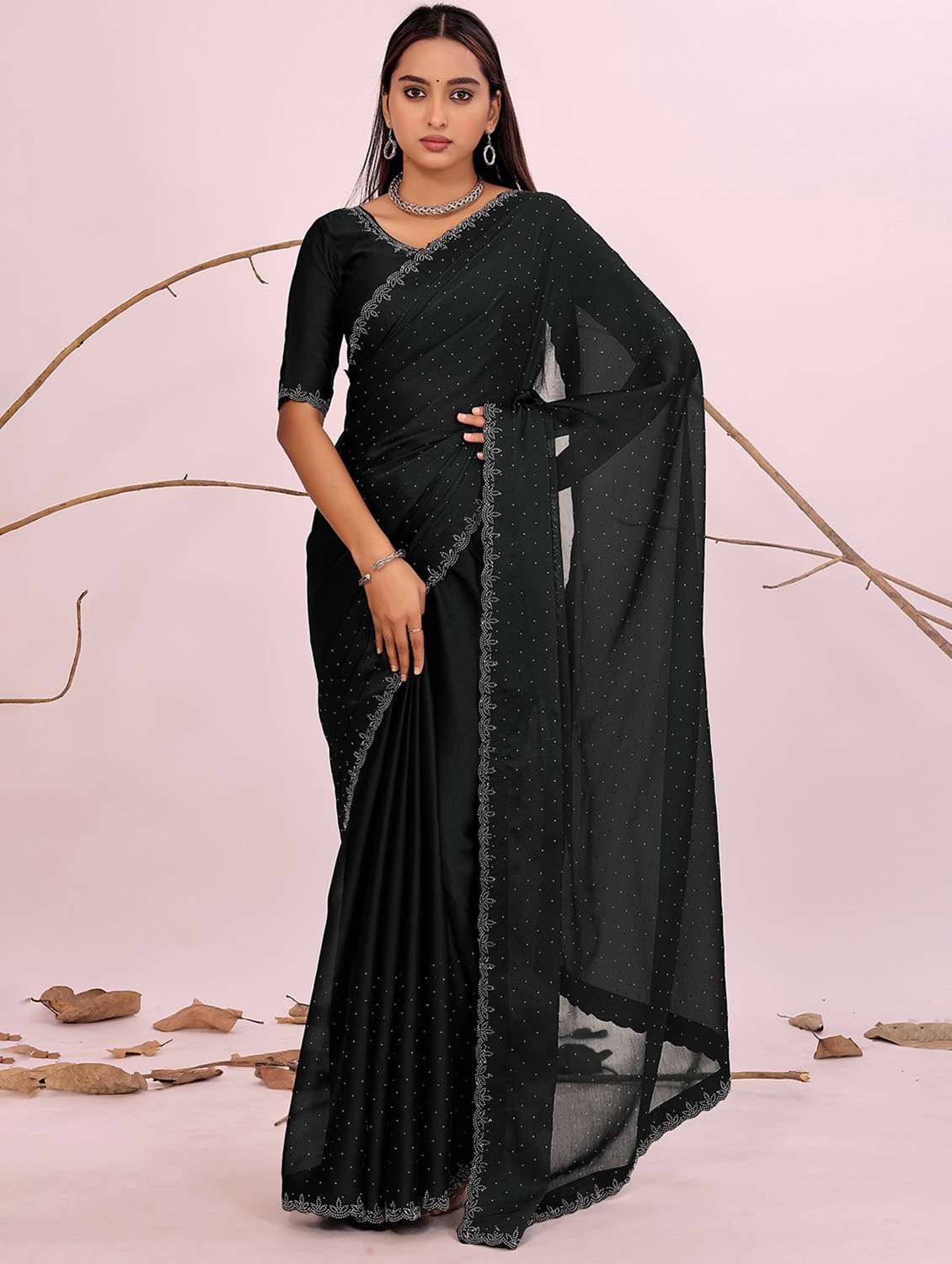 women solid with work embellished saree with blouse