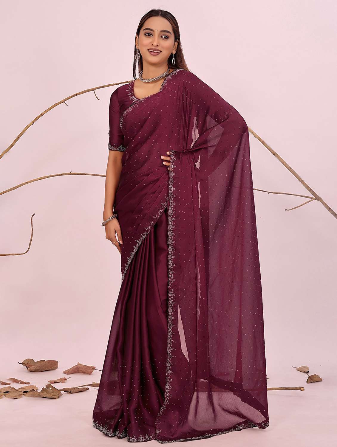 women solid with work embellished saree with blouse