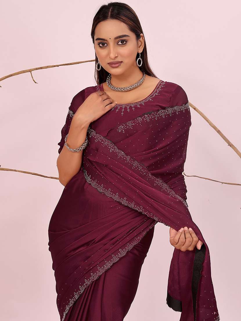 women solid with work embellished saree with blouse - 22007200 -  Standard Image - 3