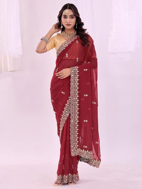 women solid with work embroidered saree with blouse - 22007201 -  Standard Image - 0