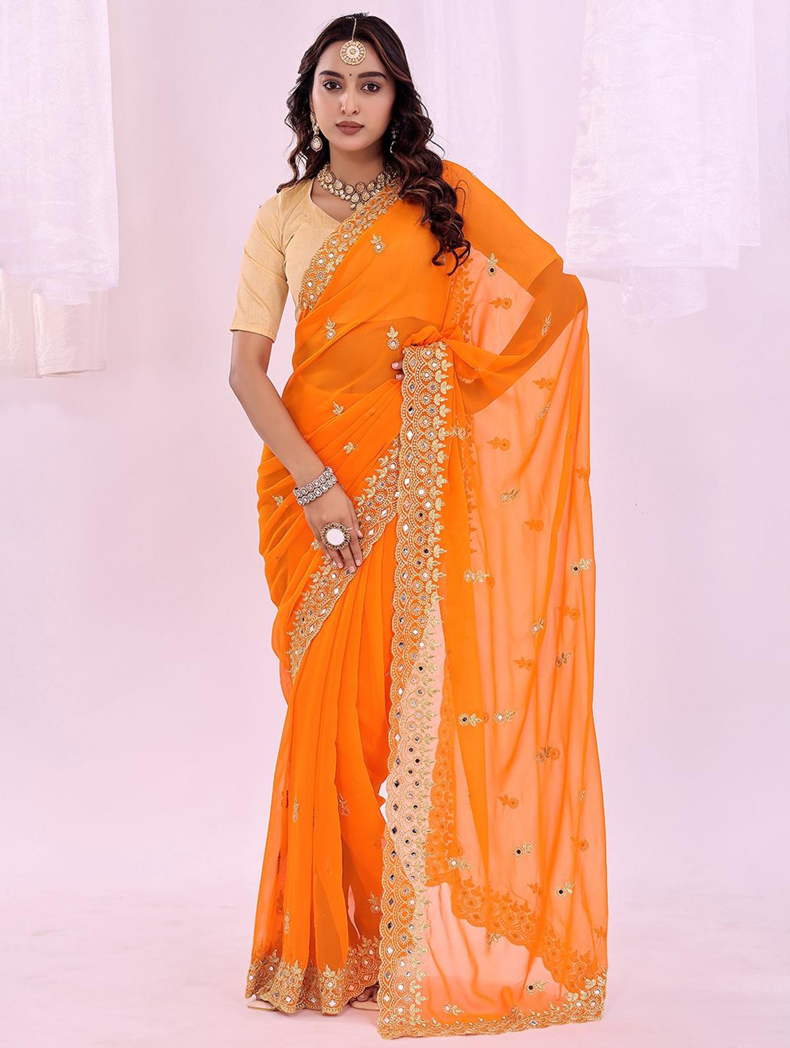 women solid with work embroidered saree with blouse - 22007202 - Zoom Image - 0