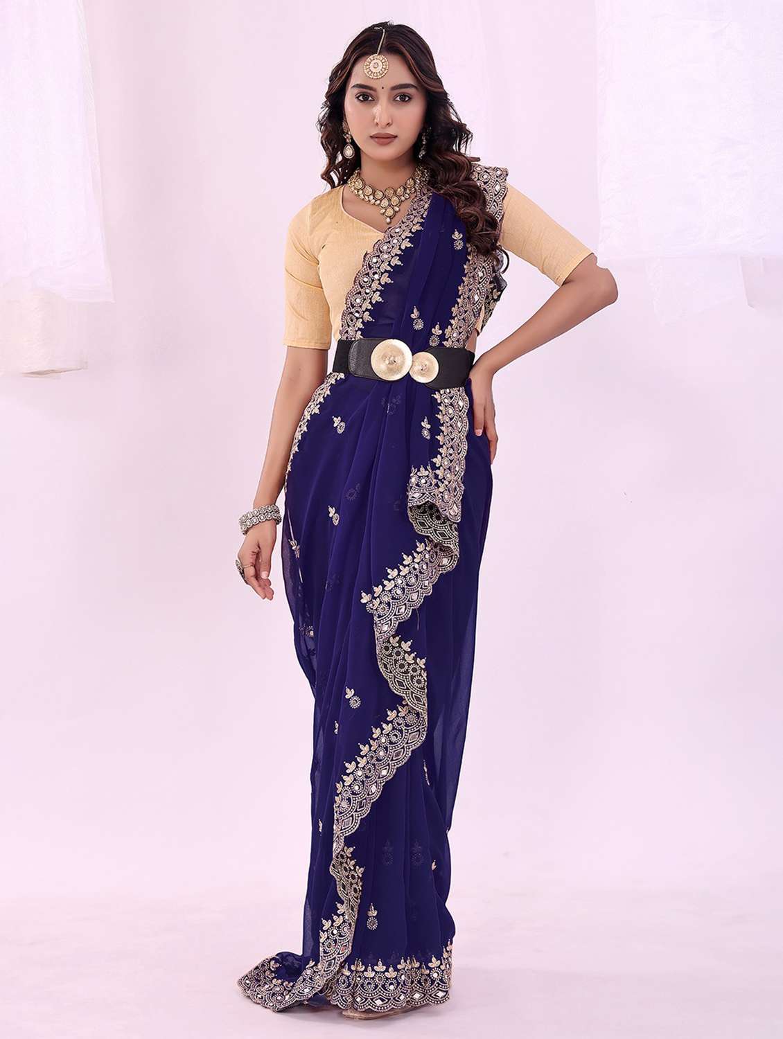 women solid with work embroidered saree with blouse