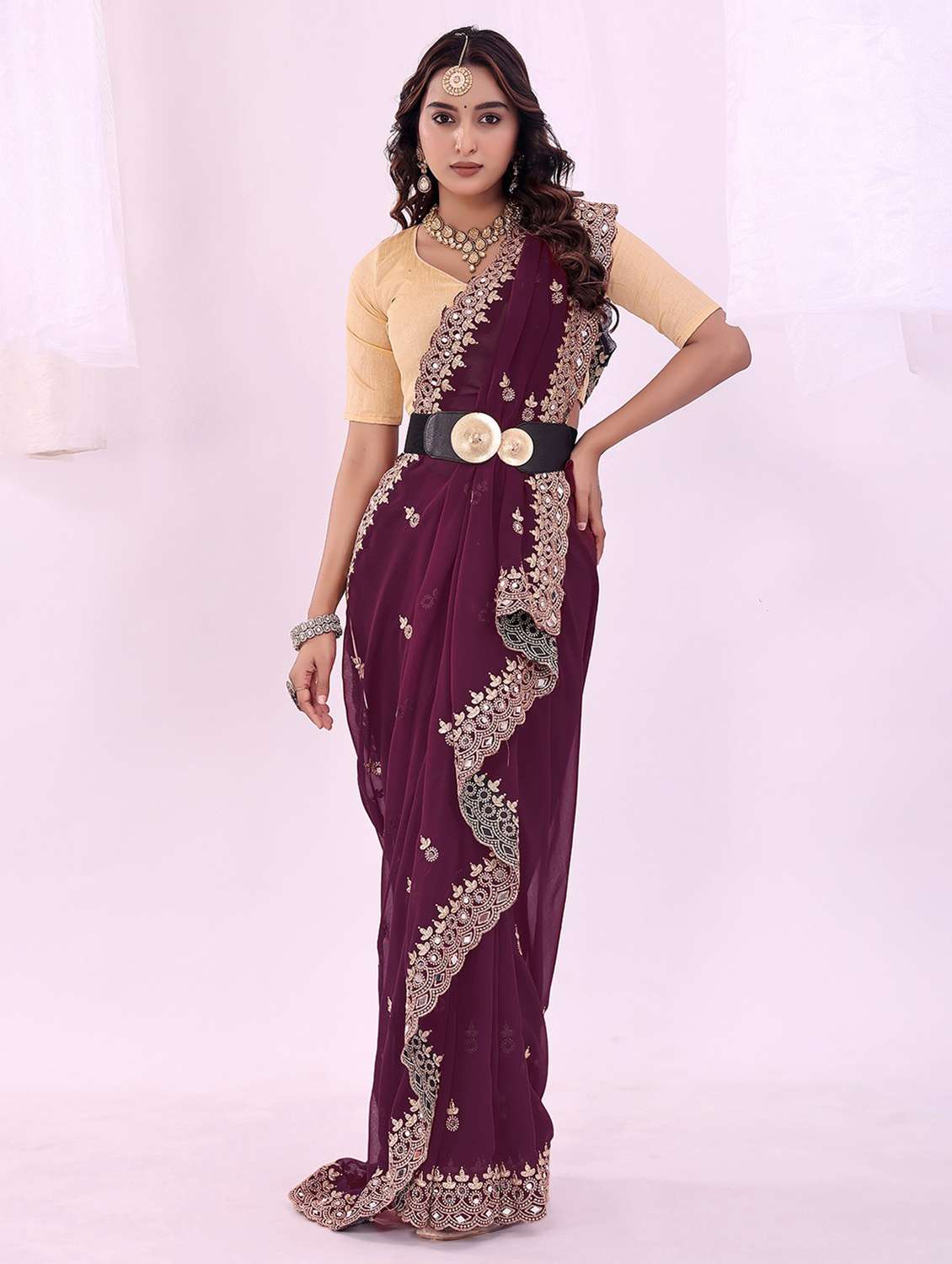 women solid with work embroidered saree with blouse