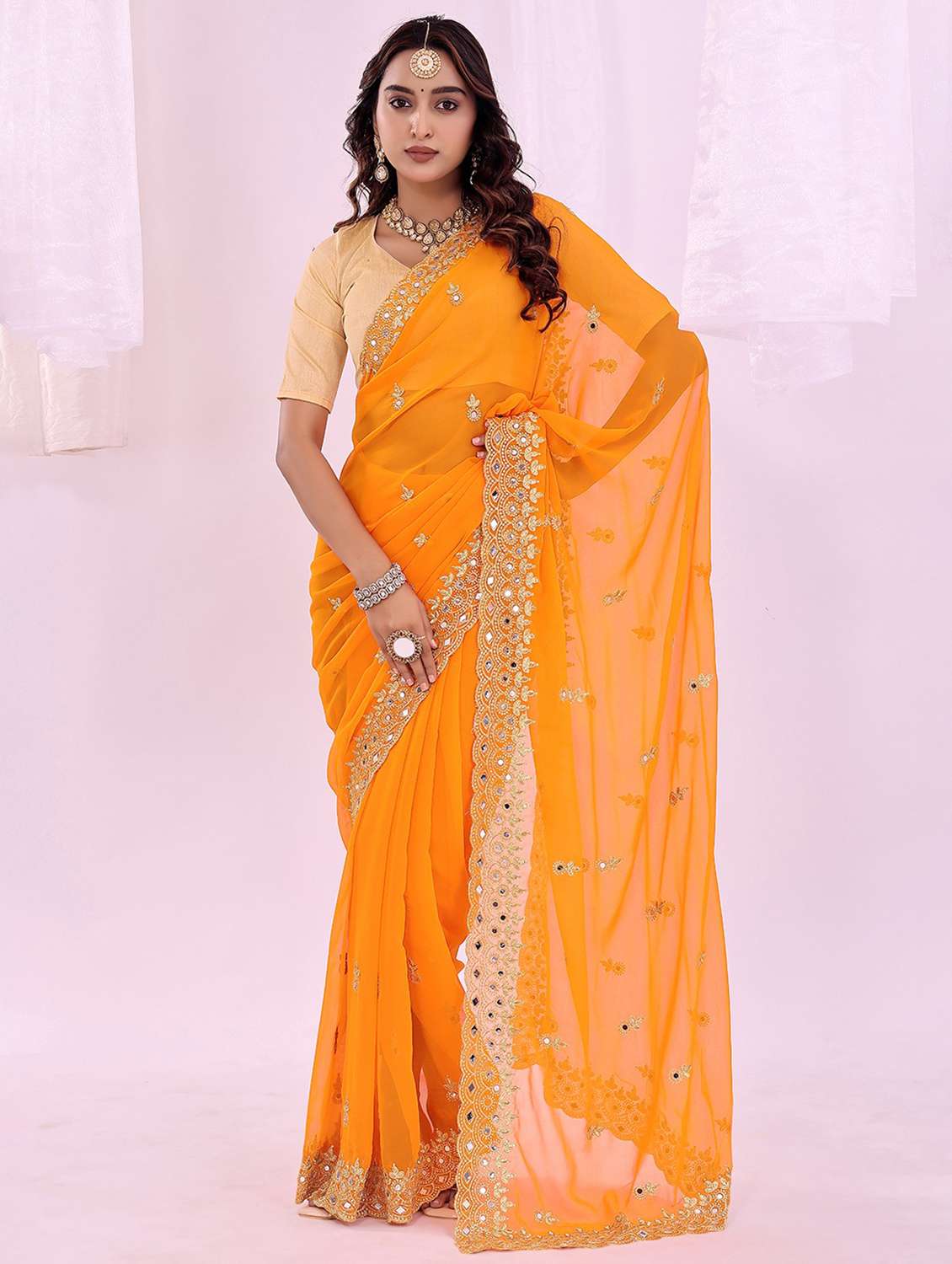 women solid with work embroidered saree with blouse