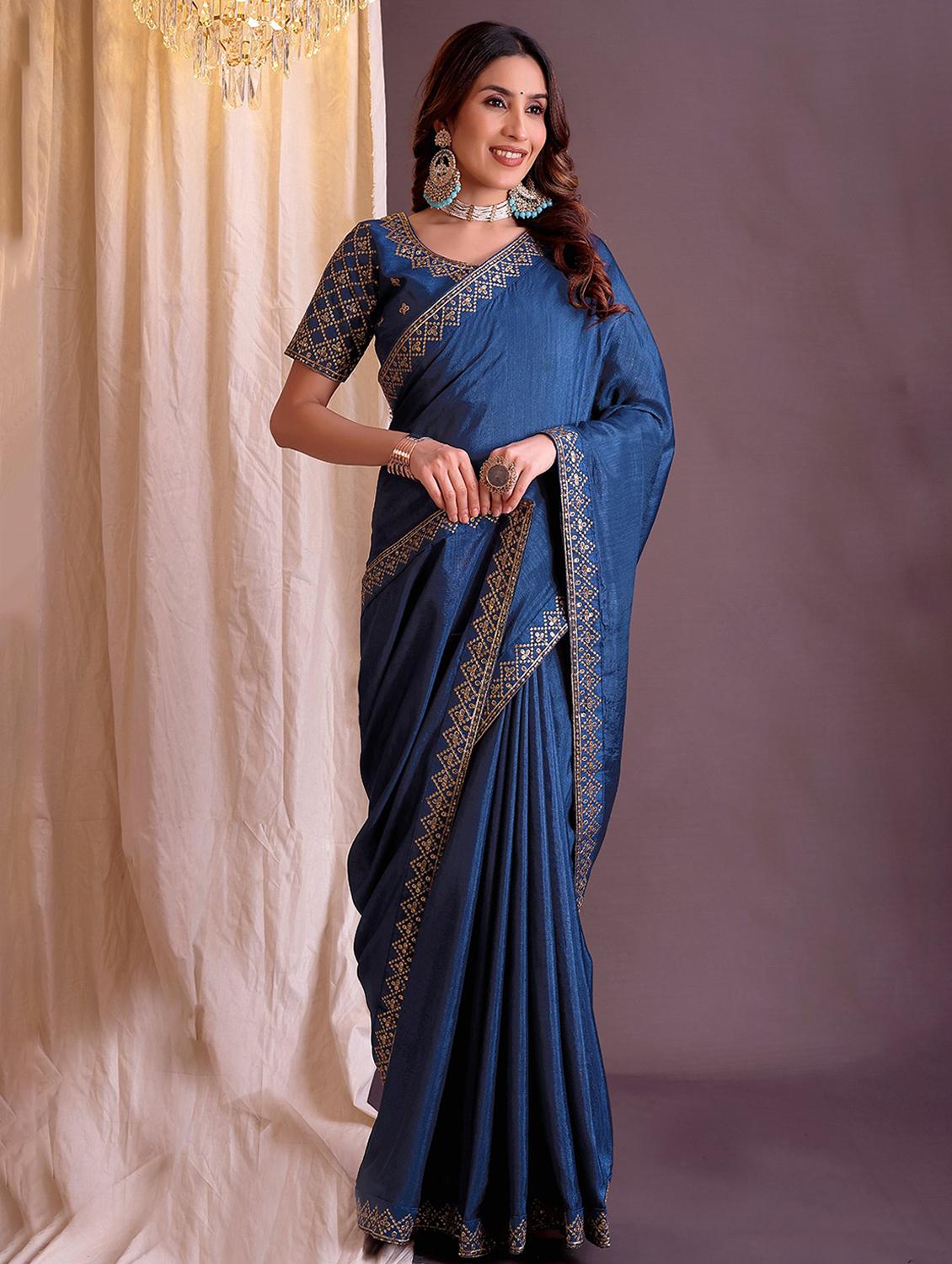 women solid with bordered saree with blouse - 22007211 - Zoom Image - 0