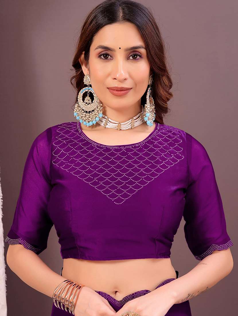 women solid with bordered embellished saree with blouse - 22007222 -  Standard Image - 3