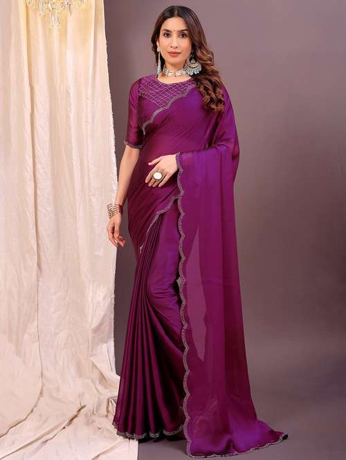 women solid with bordered embellished saree with blouse - 22007224 -  Standard Image - 0