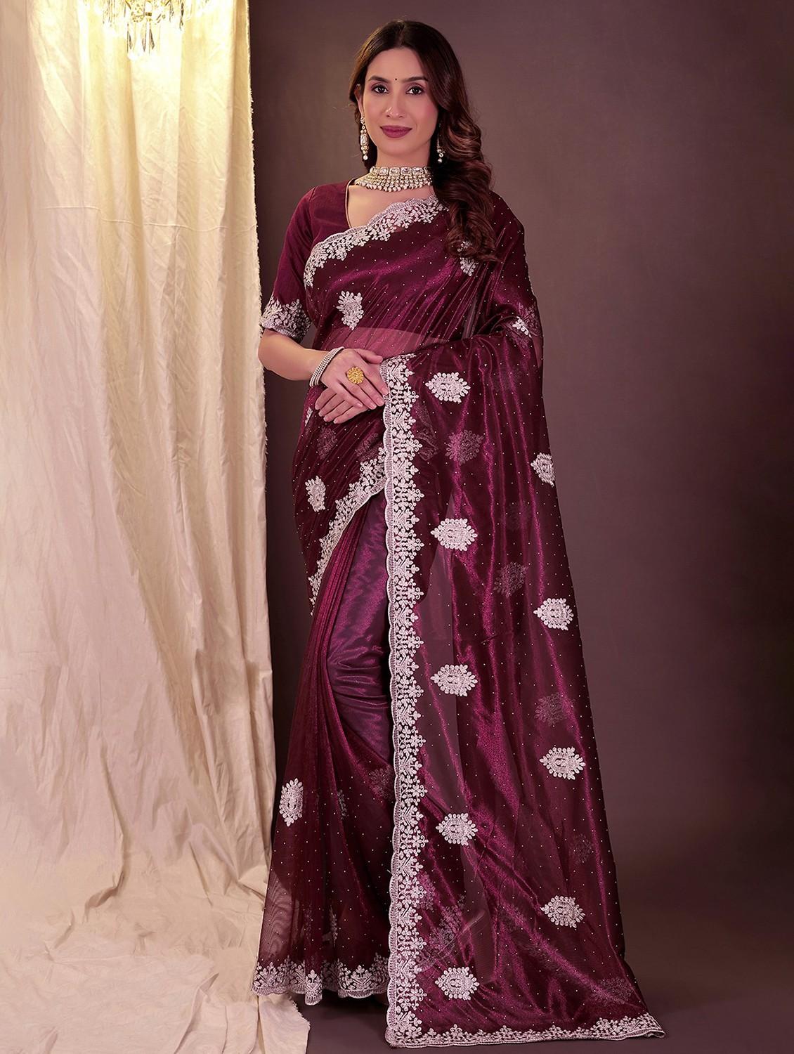 women solid with work embroidered saree with blouse - 22007230 -  Zoom Image - 0