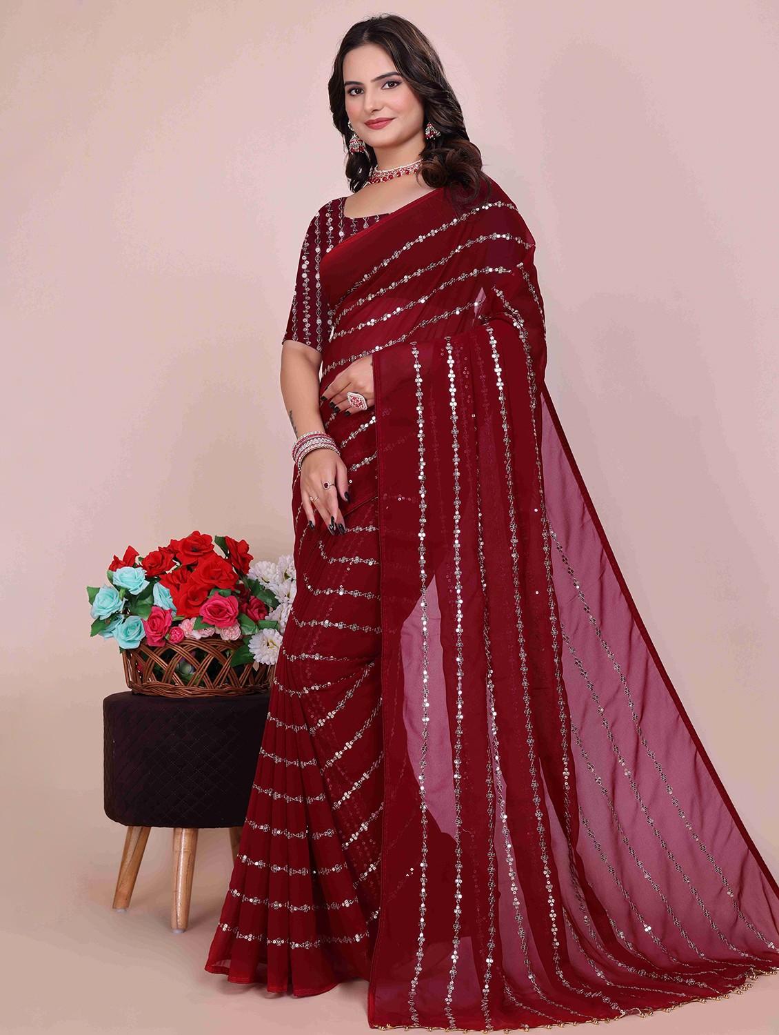 women solid with work embellished saree with blouse - 22007238 - Zoom Image - 0