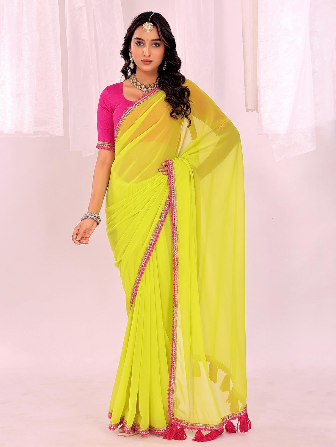 women solid with bordered saree with blouse - 22007250 - Zoom Image - 0
