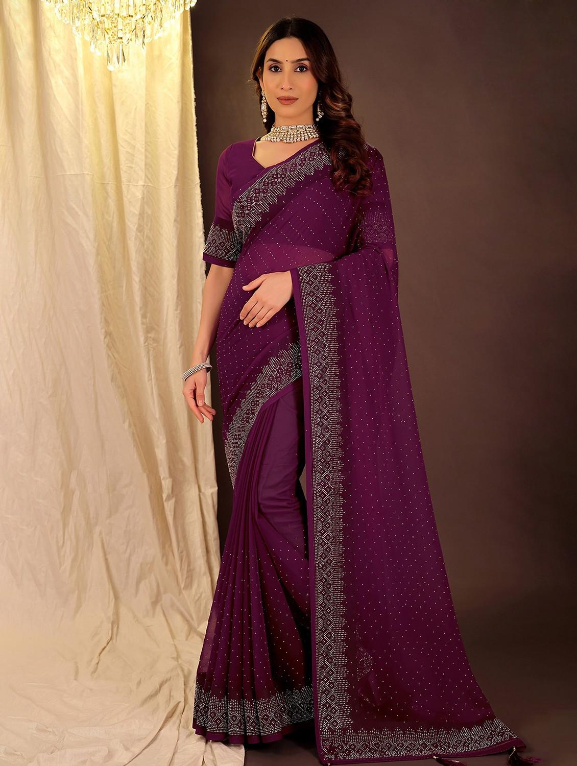women solid with work embellished saree with blouse - 22007255 - Zoom Image - 0