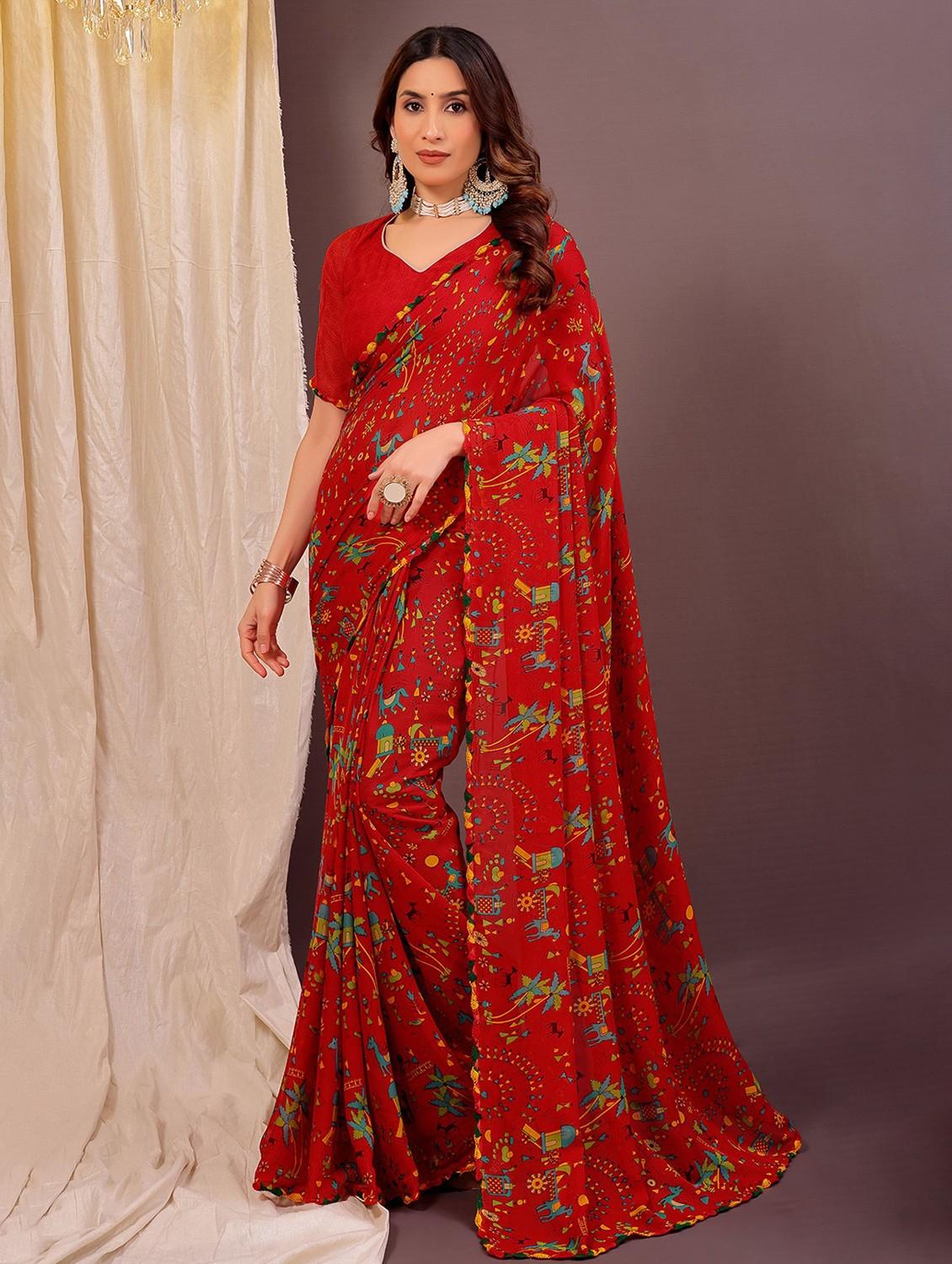 women red printed saree with blouse - 22007257 -  Zoom Image - 0