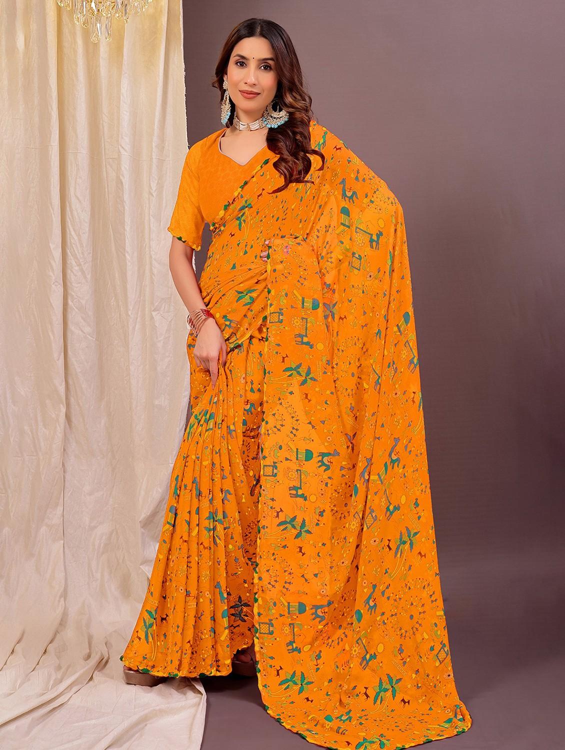 women yellow printed saree with blouse