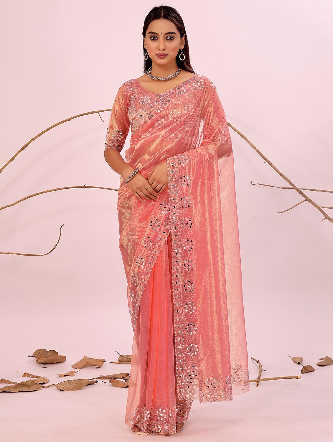 women solid with work embellished saree with blouse - 22007274 - Zoom Image - 0
