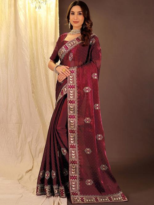 women solid with work embroidered saree with blouse - 22007301 - Standard Image - 0