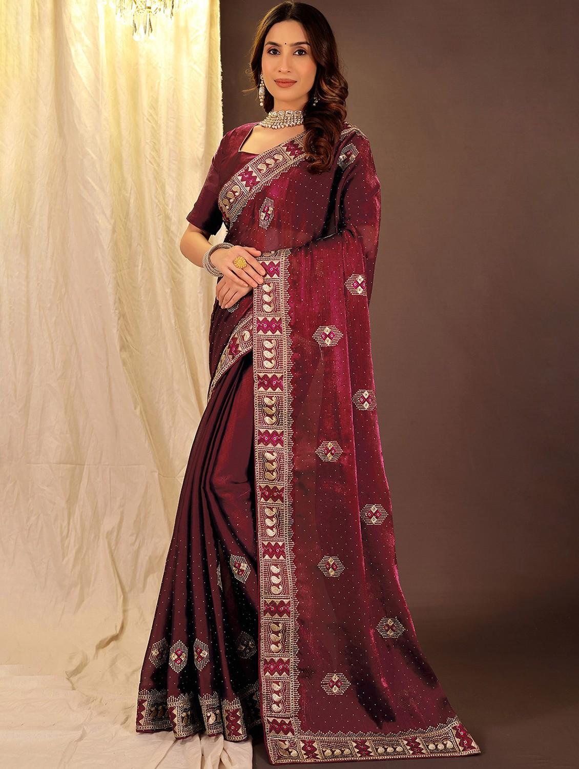 women solid with work embroidered saree with blouse - 22007301 - Zoom Image - 0