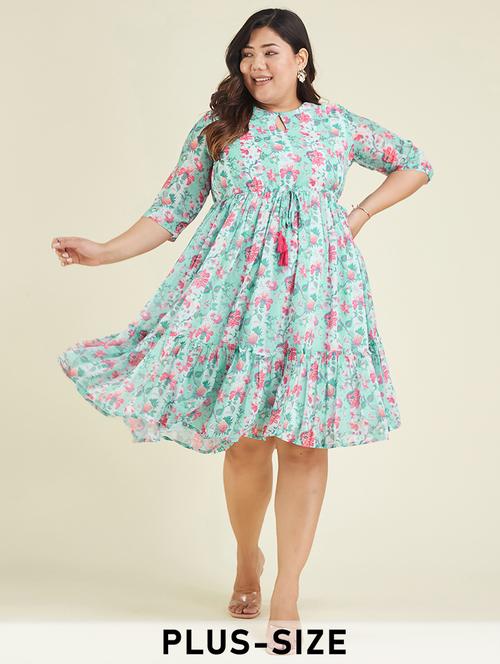 women plus size floral printed three quarter sleeve tiered dress - 22007304 -  Standard Image - 0